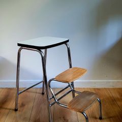 Vintage 1970s French Fold Out Kitchen Step Stool Chrome & Wood