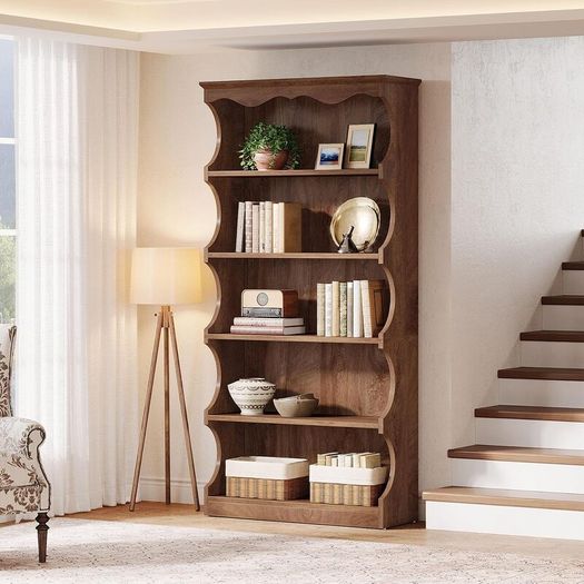 Vintage Wood Look Bookcase 178 cm, 6-Tier Curved Open Standing Shelf as Room Divider
