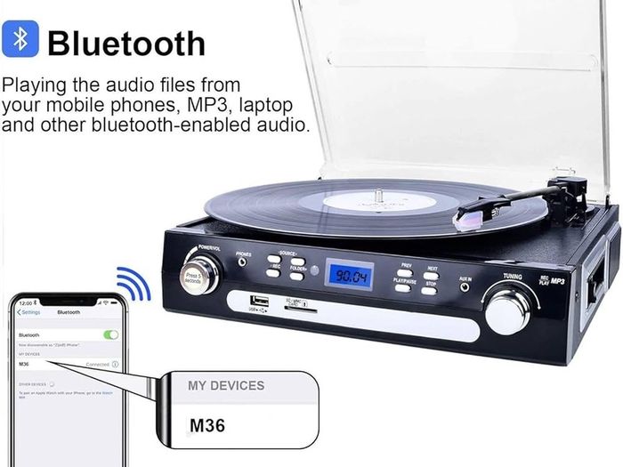 FREE EXPRESS SHIPPING Vinyl Record Player, Bluetooth Turntable with Stereo Speakers, Turntable for Vinyl to MP3 with Cassette Play, AM/FM Radio, Remote Control, USB/SD Encoding, 3.5mm Music Output
