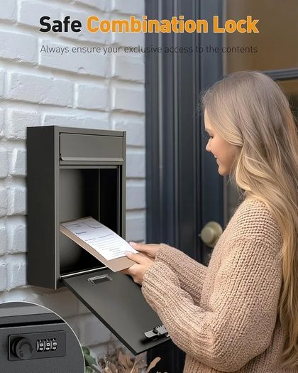 Wall Mount Mailbox for Outside, Large Locking Mailbox with Combination Lock, Security Mail Box for House, Safe Key Drop Box, Post Box, Steel Cash Drop Box for Home Office School, Black