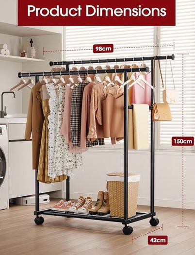 Double Rod Clothes Rack with Fixed Extension Rod & Universal Wheels, Clothing Rail with Built-In Shelf for Closet Organizers and Storage, 98cm x 42cm x 150cm, Black