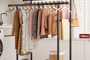 Double Rod Clothes Rack with Fixed Extension Rod &amp; Universal Wheels, Clothing Rail with Built-In Shelf for Closet Organizers and Storage, 98cm x 42cm x 150cm, Black