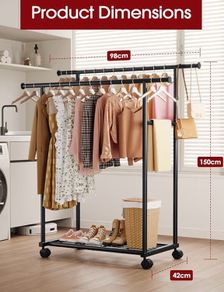 Double Rod Clothes Rack with Fixed Extension Rod & Universal Wheels, Clothing Rail with Built-In Shelf for Closet Organizers and Storage, 98cm x 42cm x 150cm, Black