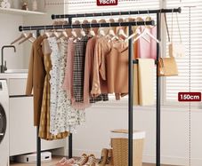 Double Rod Clothes Rack with Fixed Extension Rod & Universal Wheels, Clothing Rail with Built-In Shelf for Closet Organizers and Storage, 98cm x 42cm x 150cm, Black