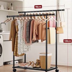 Double Rod Clothes Rack with Fixed Extension Rod & Universal Wheels, Clothing Rail with Built-In Shelf for Closet Organizers and Storage, 98cm x 42cm x 150cm, Black