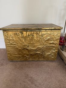 Vintage Mid Century Brass Coal/Log Container & Matching Brass Fire Tools Set with 4 Pieces and stand