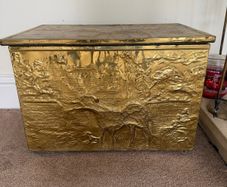 Vintage Mid Century Brass Coal/Log Container & Matching Brass Fire Tools Set with 4 Pieces and stand