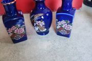 Vintage SET of 3 Small KUTANI Cobalt Blue Ceramic Vases with Ornate and Colorful Painted Floral Bouquet &amp; Peonies Scene / Vintage Vase Lot