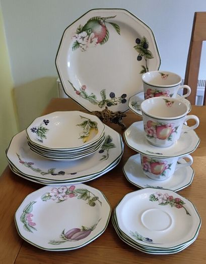 Set 20 pcs  by Churchill England, featuring a charming fruit and blossom design with a classic green rim. Beautifully made English pottery with lovely detail and quality.
