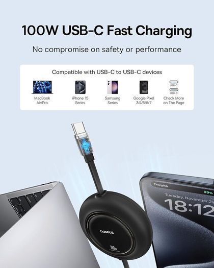 Baseus USB C to USB C Cable, 100W 6.6ft Retractable USB C Fast Charging Cable, 7-Stage Length Preset Retractable Charger Cord for iPhone 16 15 Pro Plus Pro Max, MacBook, iPad Pro, Samsung S24/S23 - Boxed