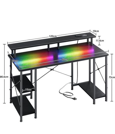 120x50cm Gaming Desk with LED Lights & Power Outlets,Black Storage Shelves, Dual Monitor Stand, Home Office & Study, Work from Home, Bedroom, Small Spaces, Dorm, Space-Saving, Students