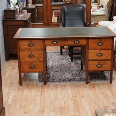 Vintage Oak Desk with Green Leather Top