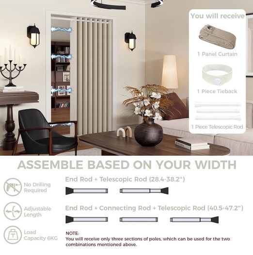 Temporary Door Curtain & Room Divider with Rod Linen Look, Folding Accordion Door Cover, with Magnetic Closures,W 60" x L77",Temporary Door