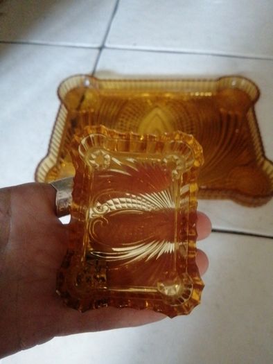 vintage Amber glass dressing table tray and trinket dish