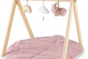 Nuby Little Hops and Raindrops Wooden Play Gym &amp; Floor Mat in pink