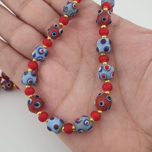 Antique Venetian Style Blue Skunk Eyes & Red Venetian WhiteHeart Glass Beads Necklace