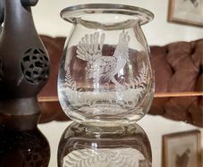 Vintage Signed Bruce Walker Kirkbuddo Glass Studio Etched Art Glass Bud Vase Capercaillie 1976