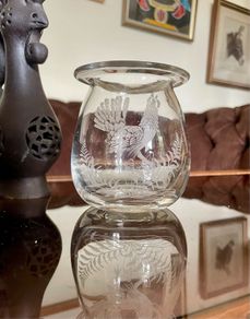 Vintage Signed Bruce Walker Kirkbuddo Glass Studio Etched Art Glass Bud Vase Capercaillie 1976