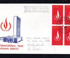 1968 Ireland International Human Rights Year 7d Block of 4 Commemorative Stamps Illustrated addressed First Day Cover (FDC) with Baile Atha Cliath (Dublin)