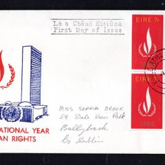 1968 Ireland International Human Rights Year 7d Block of 4 Commemorative Stamps Illustrated addressed First Day Cover (FDC) with Baile Atha Cliath (Dublin)