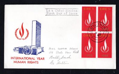 1968 Ireland International Human Rights Year 7d Block of 4 Commemorative Stamps Illustrated addressed First Day Cover (FDC) with Baile Atha Cliath (Dublin)