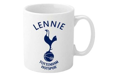 Tottenham Hotspur F.C. Personalised Mug. Unique Customised Present. White Ceramic Cup with Club Badge, Add Name for Football Supporter Fan