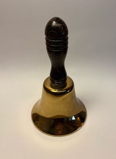 Vintage brass handbell with turned wooden handle / School & Dinner bell