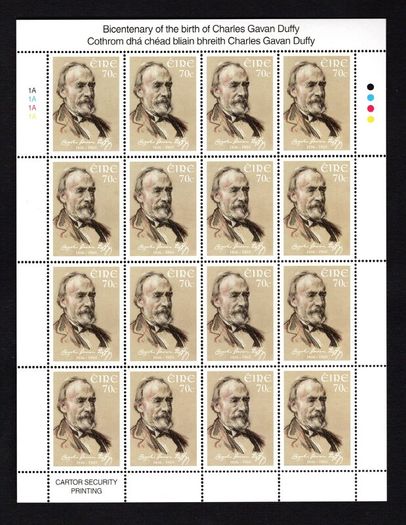 2016 Ireland Bicentenary of the Birth of Charles Gavan Duffy Commemorative Stamp Sheetlet Plate 1A1A1A1A Mint Never Hinged (MNH)