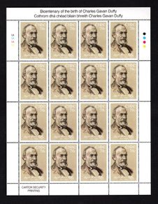 2016 Ireland Bicentenary of the Birth of Charles Gavan Duffy Commemorative Stamp Sheetlet Plate 1A1A1A1A Mint Never Hinged (MNH)