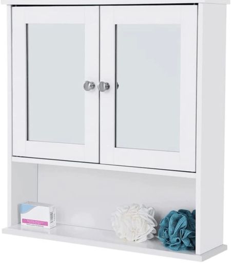 Double Mirror Doors Bathroom Cabinet, Wall Cabinet, Storage Cupboard, Wall-Mounted Storage Unit, Adjustable Height Shelves, 56 x 13 x 58 cm (FREE POSTAGE)