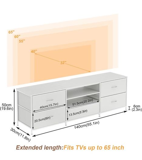 TV Stand Cabinet, TV Unit with 5 Drawers, 140 cm, White TV Console Table with Storage Organizers, Entertainment Center with Open Shelf for Living Room, Bedroom