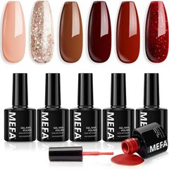MEFA Gel Nail Polish Set, 6 Colors - Red, Brown, Nude, Glitter - UV Gel