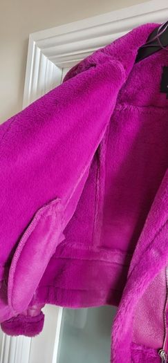 RIVER ISLAND fuschia faux leather and fur biker jacket Sz 14UK - Rrp 125 (New)