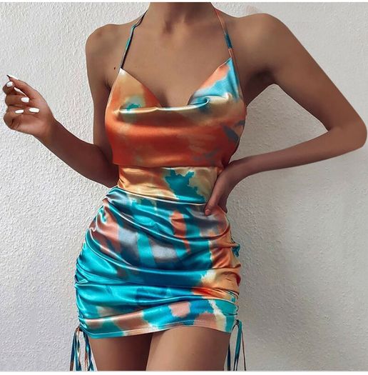Tie dye satin ruched dress