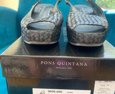 Brand new Pons Quintana Fatima navy metallic leather sling back wedge sandal