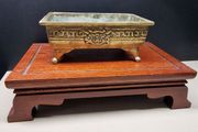 Old Chinese Brass Incense Burner / Censer on Wooden Stand  Aged Patina