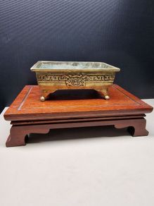 Old Chinese Brass Incense Burner / Censer on Wooden Stand  Aged Patina