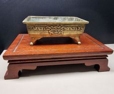 Old Chinese Brass Incense Burner / Censer on Wooden Stand  Aged Patina