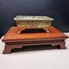 Old Chinese Brass Incense Burner / Censer on Wooden Stand  Aged Patina