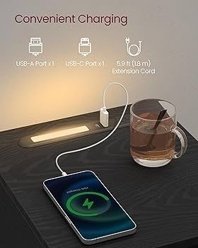 Slim Bedside Tables with Charging Station and LED Light, Set of 2 Narrow Side End Tables, USB Ports, Drawer and Open Compartment, for Bedroom, Living Room, Ebony Black