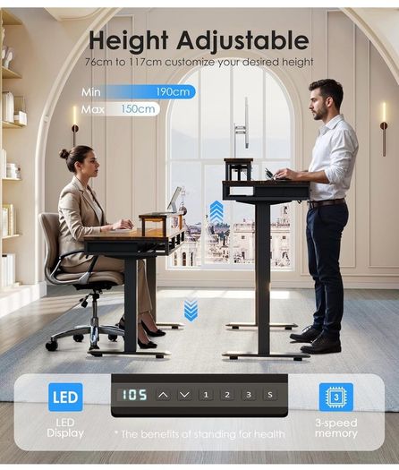 Electric Standing Desk, 120 x 54cm Height Adjustable Desk with 3 Drawers, RGB LED Strip & Charging Station