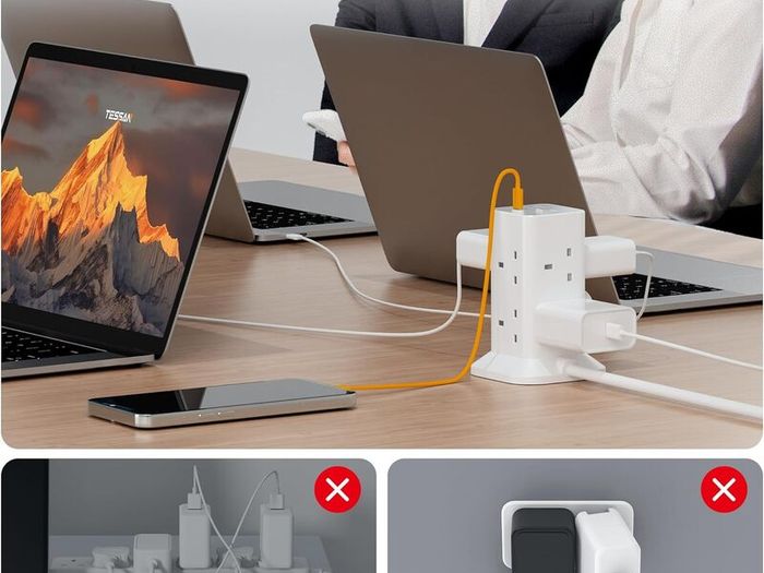 Tower Extension Lead with USB C Slots, TESSAN 8 Way Plug Extension Socket with Switch, Surge Protected Power Strip with 2M Cable for Home, School Supplies