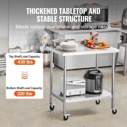 24 x 36 x 40 Inch Stainless Steel Work Table, Commercial Food Prep Worktable with Casters, Heavy Duty Prep Worktable, Metal Work Table with Adjustable Height for Restaurant