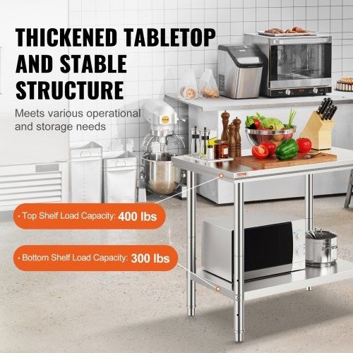 Stainless Steel Prep Table, 900x600x800 mm, 700 lbs Load Capacity, Heavy Duty Metal Worktable with 3 Adjustable Height Levels