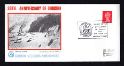 1970 Great Britain Cover celebrating 30th Anniversary of Dunkirk with cancel tying 4d Machin Definitive Stamp with "Salute to The Little Ships of Dunkirk, 21st June 1970"