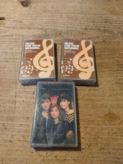 vintage cassette tapes from the Irish musical group The Vard Sisters, music collection "Music for Your Wedding" edited by Margaret Daly. Three cassette tapes featuring Christian and wedding music