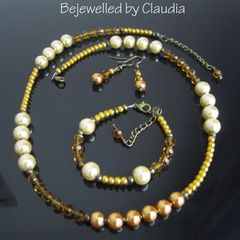 Cream Yellow Mustard Handmade Set Necklace with matching bracelets and earrings, in a GIFT BOX