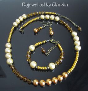 Cream Yellow Mustard Handmade Set Necklace with matching bracelets and earrings, in a GIFT BOX