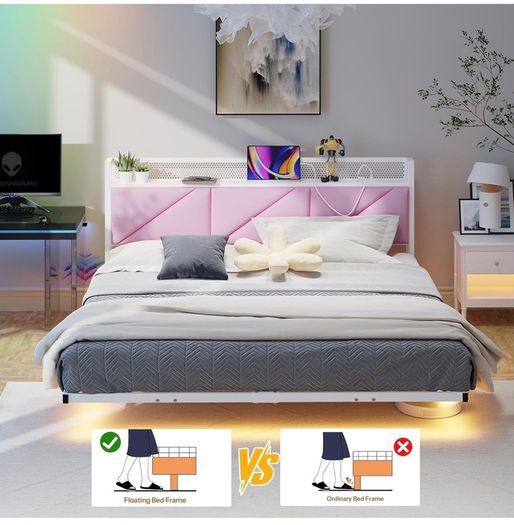 King Size Bed Frame 150x200cm, Floating Upholstered Platform Bed with LED Lights & USB Charging, 5ft Heavy Duty Metal Bed Frame with Headboard Storage, Noise-Free, No Box Spring Needed, Pink