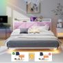 King Size Bed Frame 150x200cm, Floating Upholstered Platform Bed with LED Lights & USB Charging, 5ft Heavy Duty Metal Bed Frame with Headboard Storage, Noise-Free, No Box Spring Needed, Pink Image 5